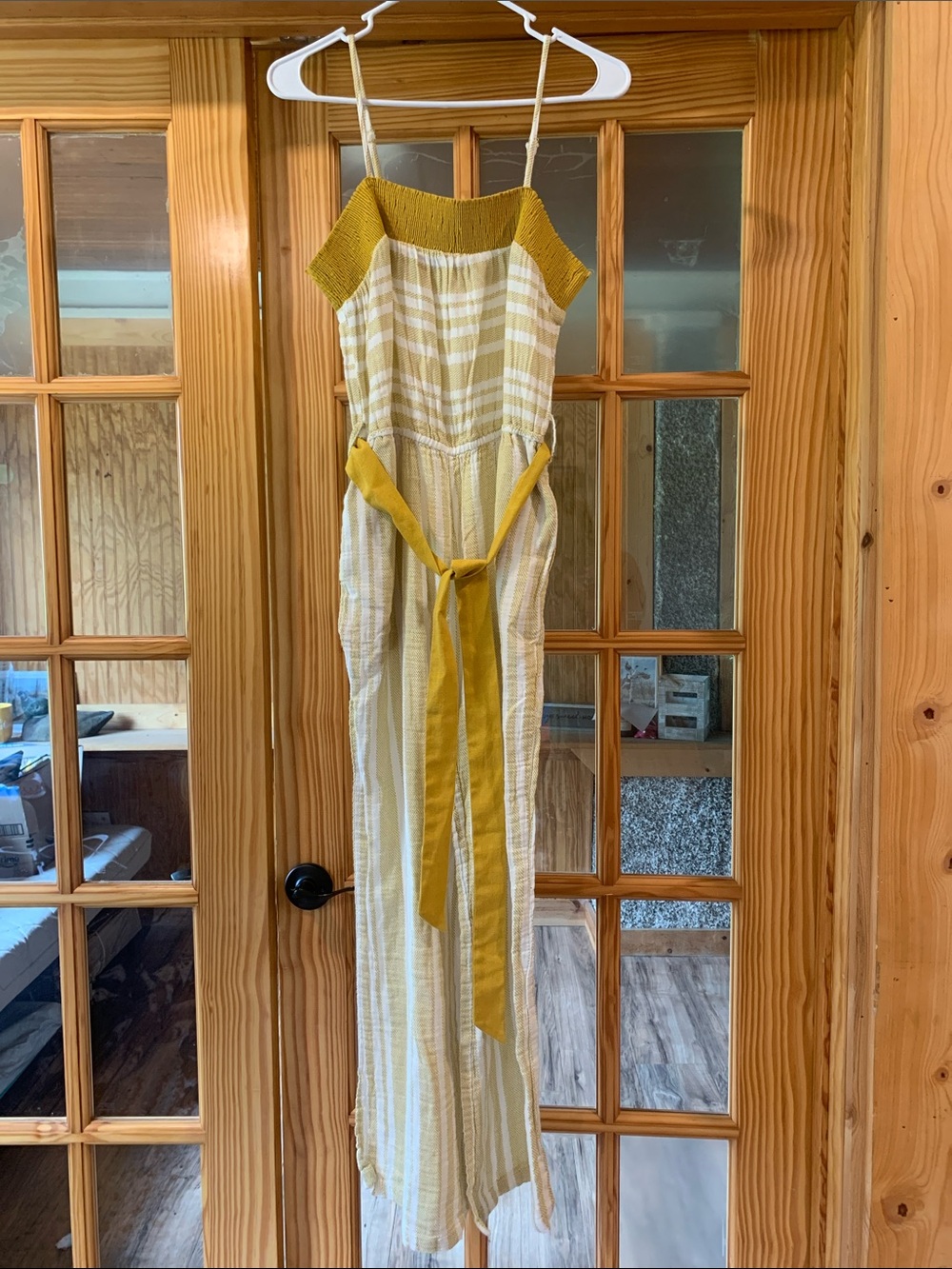 Women's Hem & Thread Mustard Yellow Striped Sleeveless Cotton Blend Jumpsuit L